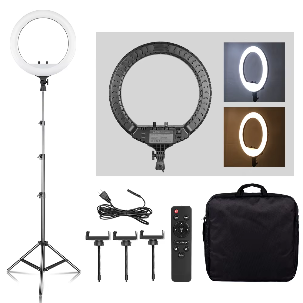 Photography Lighting Overhead - ไฟวงแหวน LED ขนาด 18 นิ้ว พร้อมขาตั้งกล้องและที่หนีบโทรศัพท์