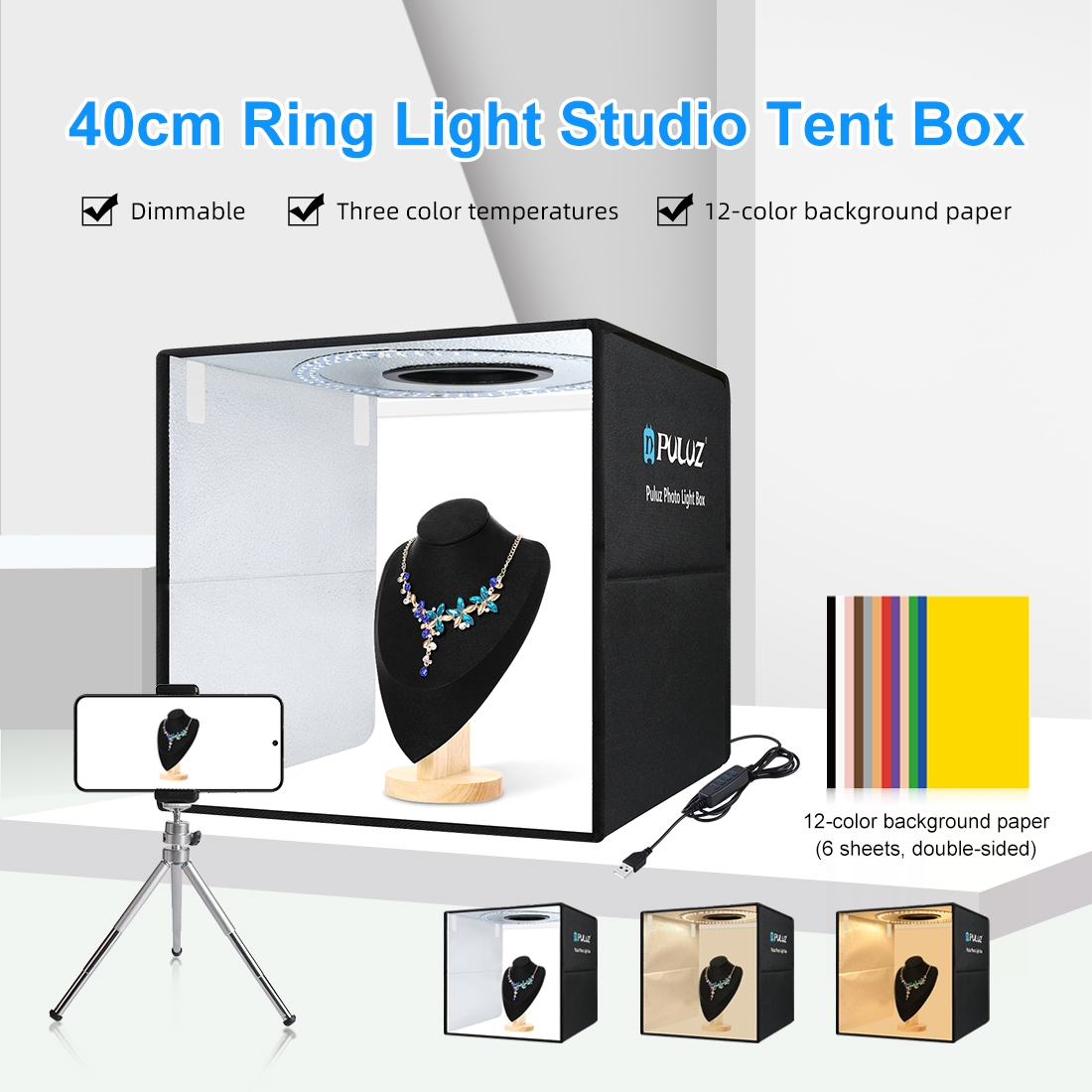 Photography Lighting Styles - PULUZ กล่องถ่ายภาพแบบพับได้ขนาด 40 ซม. พร้อมไฟวงแหวนแบบพกพา USB