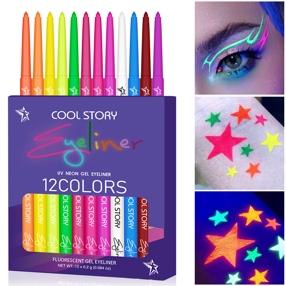Coloured Gel Set - อายไลเนอร์สีเรืองแสง 12 สี ปากกาเจลอายไลเนอร์กันน้ำ UV ปากกาเพ้นท์หน้าฮาโลวีน