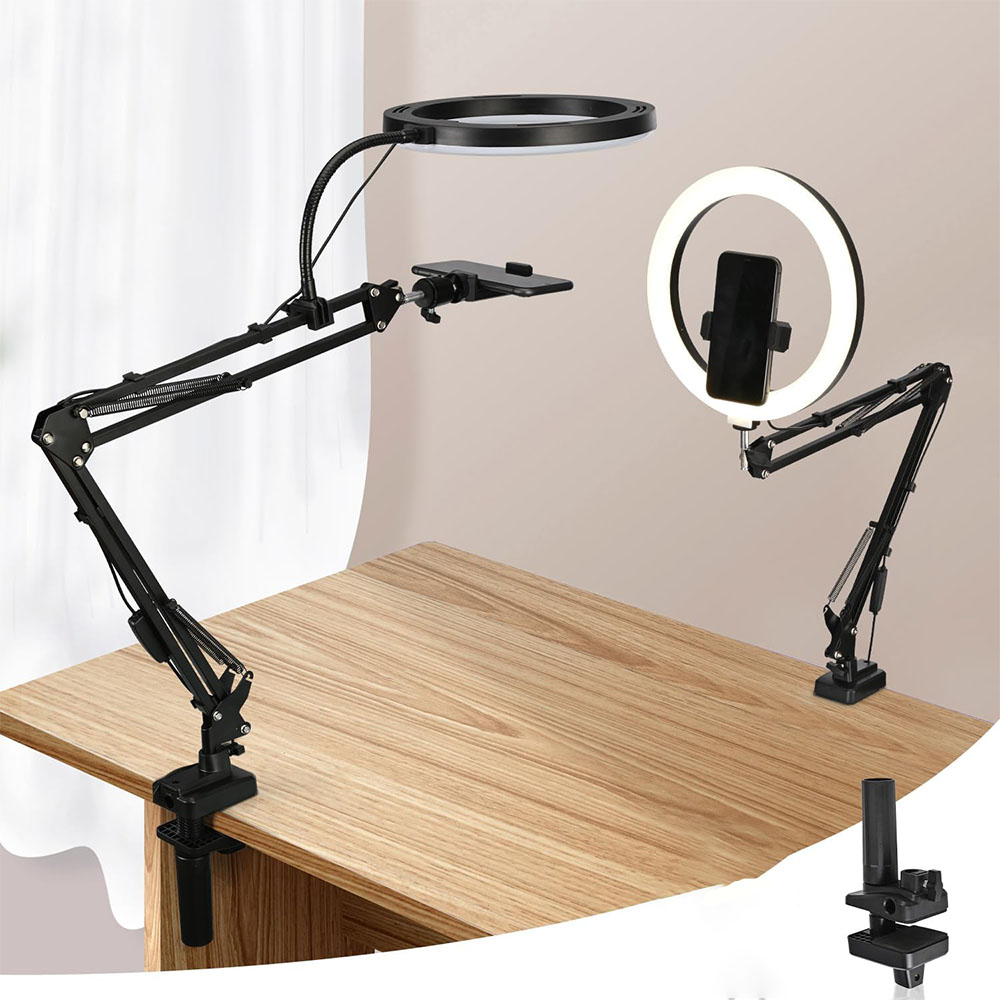 Photography Lighting Overhead - ไฟวงแหวนพร้อมขาตั้งและที่วางโทรศัพท์ ไฟวงแหวน USB พร้อมแคลมป์กล้องเหนือศีรษะเซลฟี่ขาตั้งกล้องแบบยืดหยุ่นสําหรับการถ่ายภาพ