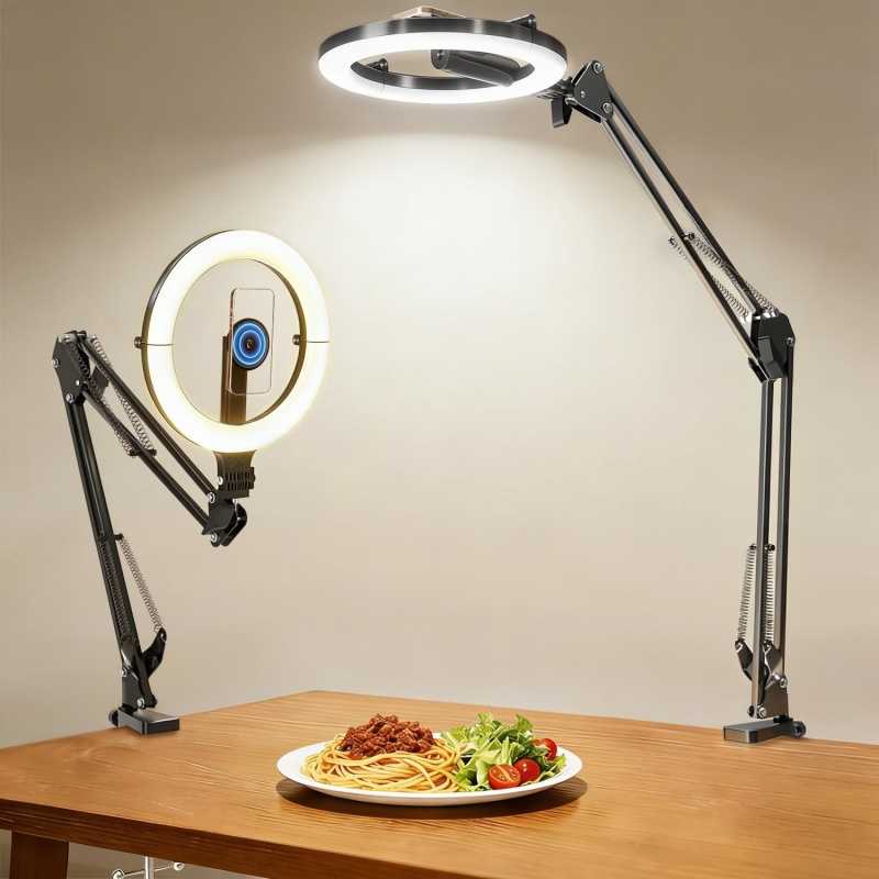 Photography Lighting Overhead - ที่ยึดโทรศัพท์แบบแม่เหล็กพร้อมไฟวงแหวนขนาด 10 นิ้ว, ขาตั้งกล้องแบบวงกลมปรับได้ 5000mAh, ขาตั้งโทรศัพท์สำหรับบันทึกวิดีโอ